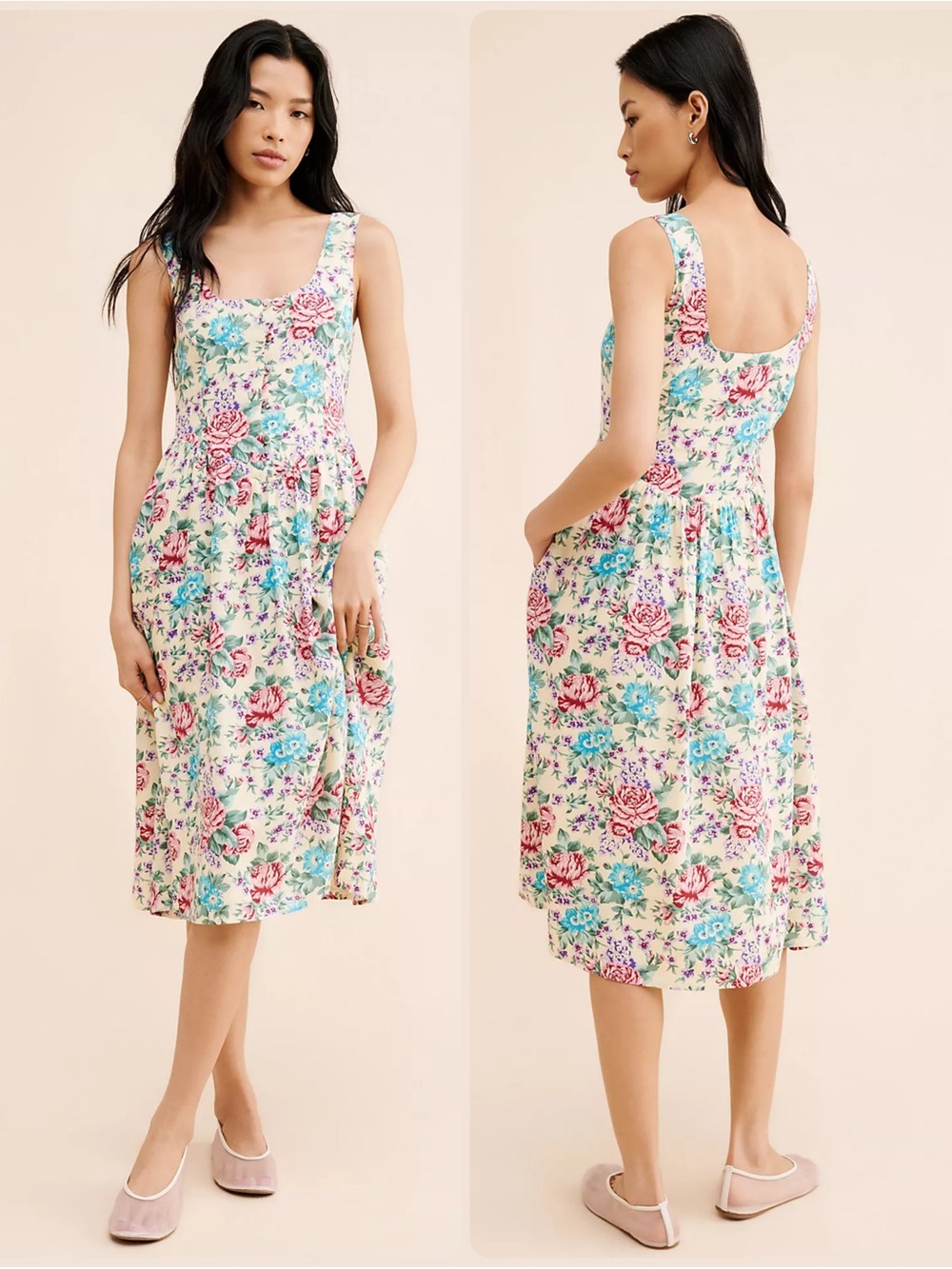 ROLLA'S x Free People Leonie Linen/Viscose Floral Scoop-Neck Midi Dress NWT $179